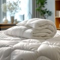 Comfortable bed decoration luxury white pillow and down comforter concept Royalty Free Stock Photo