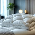 Comfortable bed decoration luxury white pillow and down comforter concept Royalty Free Stock Photo