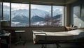 Comfortable bed, snowy mountain view, modern interior elegance generated by AI