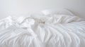 Comfortable bed with white linen at home, white bedding sheets texture for background. Generative AI