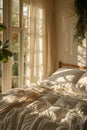 Comfortable bed with white sheets and pillows by a window in a bedroom Royalty Free Stock Photo