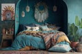 Comfortable bedroom in bohemian interior style with furnishing. Generative Ai Royalty Free Stock Photo