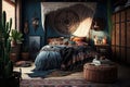 Comfortable bedroom in bohemian interior style with furnishing. Generative Ai Royalty Free Stock Photo