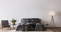 Comfortable bedroom with empty wall mockup design, dark bed on white wall background Royalty Free Stock Photo