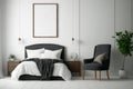 Comfortable bedroom with empty wall mockup design, dark bed and wooden chair Generative AI Royalty Free Stock Photo