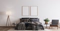 Comfortable bedroom with two wooden frame mockup design, dark bed on white wall background Royalty Free Stock Photo