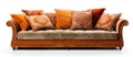 Comfortable brown couch with orange pillows on a white background Royalty Free Stock Photo