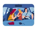 Comfortable car, male experienced driver, city trip, ride inside vehicle, people drive by car, cartoon style vector