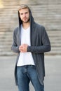 Comfortable clothes daily wear. Great taste to dress well. Male fashion influencer. Fashionable young model man. Street