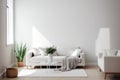 Comfortable couch in Scandinavian living room interior with copy space on the empty white wall. Generative AI. Royalty Free Stock Photo