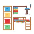 Comfortable cozy baby room decor children bedroom interior with furniture and toys vector.