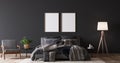 Comfortable dark bedroom with two wooden frame mockup design, dark bed on white wall background Royalty Free Stock Photo