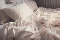 Comfortable disarray, Messed-up bed sheet, mattress, and pillows enhance bedroom coziness Royalty Free Stock Photo