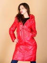 Comfortable down jacket. Red color. Finding right winter jacket is essential to enjoyable and bearable winter season