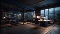 Comfortable and ergonomic office space, meeting room in a modern loft-style building. Dark muted tones, wooden desktops
