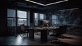 Comfortable and ergonomic office space, meeting room in a modern loft-style building. Dark muted tones, wooden desktops