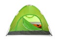 Comfortable green camping tent on white