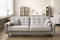 Comfortable grey couch in cozy empty living room Royalty Free Stock Photo