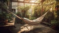 Comfortable hammock resting under tree, enjoying tranquil summer outdoors generated by AI