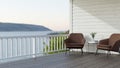 Comfortable home balcony exterior design with beautiful nature view, cozy brown armchairs