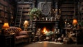 Comfortable home interior with modern bookshelf and fireplace generated by AI Royalty Free Stock Photo