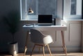 comfortable home office workplace in modern style, in clear space, computer screen, decoration and space without people- Royalty Free Stock Photo