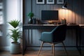 comfortable home office workplace in modern style, in clear space, computer screen, decoration and space without people- Royalty Free Stock Photo