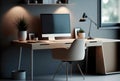 comfortable home office workplace in modern style, in clear space, computer screen, decoration and space without people- Royalty Free Stock Photo