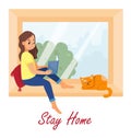 Comfortable home rest at quarantine, vector illustrations. Young woman sitting on windowsill and read.