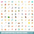 100 comfortable house icons set, cartoon style