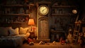 Comfortable, illuminated bedroom with old fashioned clock on wooden table generated by AI Royalty Free Stock Photo