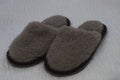 Comfortable indoor slippers on a soft carpet. The concept of comfort, warmth and coziness.