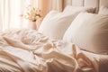 a comfortable and inviting bed with crisp white sheets and a fluffy pillow. Comfort and relax concept. Royalty Free Stock Photo