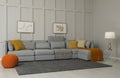 Comfortable large sofa with cushions and knitted blanket in living room