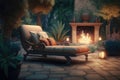 comfortable lounging chaise longue in spacious cozy backyard with burning fire