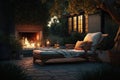 comfortable lounging chaise longue in spacious cozy backyard with burning fire