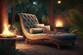 comfortable lounging chaise longue in spacious cozy backyard with burning fire