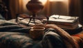 Comfortable men bedroom with hot coffee and old fashioned literature generated by AI