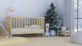 Comfortable and minimal baby`s bedroom interior with wooden baby crib, toys, Christmas tree Royalty Free Stock Photo