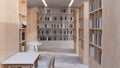 Comfortable minimal campus library or school library interior design with wood bookshelves