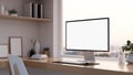 Minimal home office workplace interior with computer mockup on wood table, built in shelves. close-up Royalty Free Stock Photo