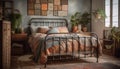 Comfortable modern bed in elegant rustic bedroom generated by AI Royalty Free Stock Photo