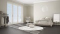 Comfortable modern gray and beige bedroom with wooden parquet floor, panoramic window on winter landscape, carpet, armchair and