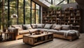 Comfortable modern living room with elegant decoration and rustic hardwood flooring generated by AI