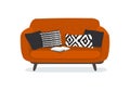 Comfortable modern red couch with pillows. Flat cartoon vector illustration. Vintage sofa Isolated on a white background Royalty Free Stock Photo