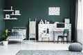 Comfortable ottoman and a potted plant in a stylish teenager bed