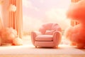 Comfortable peachy armchair with plush pillows in a peach fuzz fluffy room interior. Pastel-hued interior in pastel peach colors,