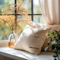 Comfortable pillow on windowsill in room, closeup. Interior design