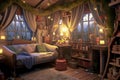 Comfortable place for reading, cozy nook with magical atmosphere.