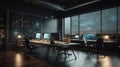 Comfortable and refined office space in a modern building. Dark muted tones, a wooden desktop with a desktop computer